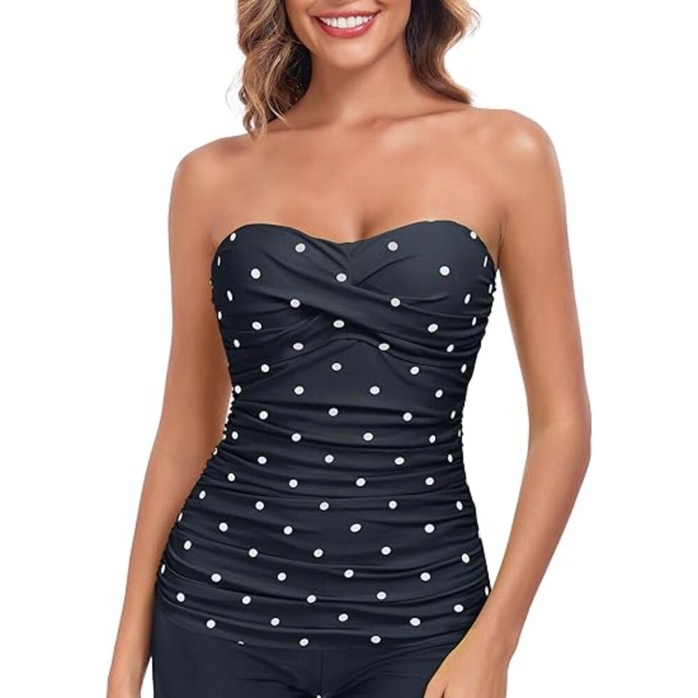 NWT RELLECIGA Black & White Polka Dot Ruched Tankini Top
